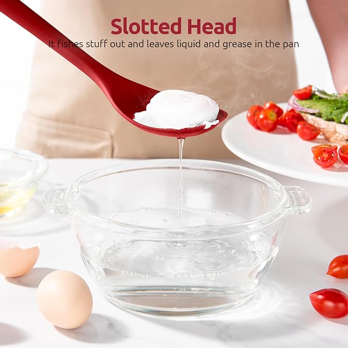 600쨘F Heat Resistant Slotted Spoon: U-Taste 13.3in Solid Kitchen Cooking Spoon, Nonstick Food Grade Large & Long Rubber Utensil for Mixing, Serving, Stirring, Basting, Frying, Draining (Red)