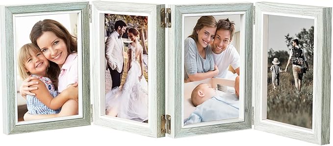 POILKMNI 4 Folding 4x6 Inch Hinged Picture Frame, High Definition Natural Wood Picture Frame, Rustic Desktop Acrylic Frame Family Photo Collage for Birthday Father's Day Christmas Gifts