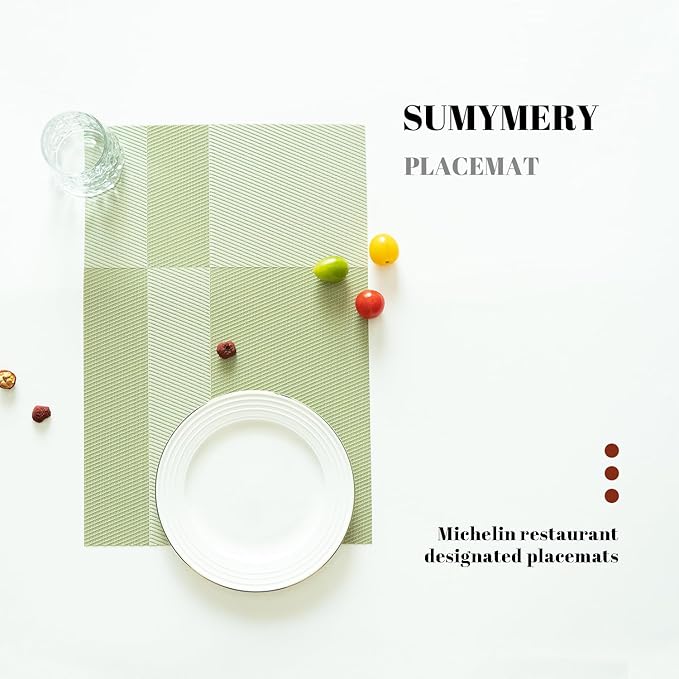 SUMYMERY Placemats Set of 12 Vinyl/Plastic Woven Place Mats for Kitchen Table Indoor/Outdoor Washable Placemat Wipeable Dining Table Mats (Green Cube,12)