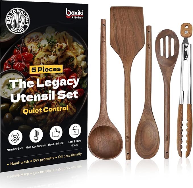 Elegant 5-Piece Walnut Wood Kitchen Utensil Set ??Non-Scratch, Heat-Resistant Cooking Utensil Set with Kitchen Tongs, Spoons, Spatula & Ladle ??Lightweight, Durable & Perfect for Daily Use or Gifting