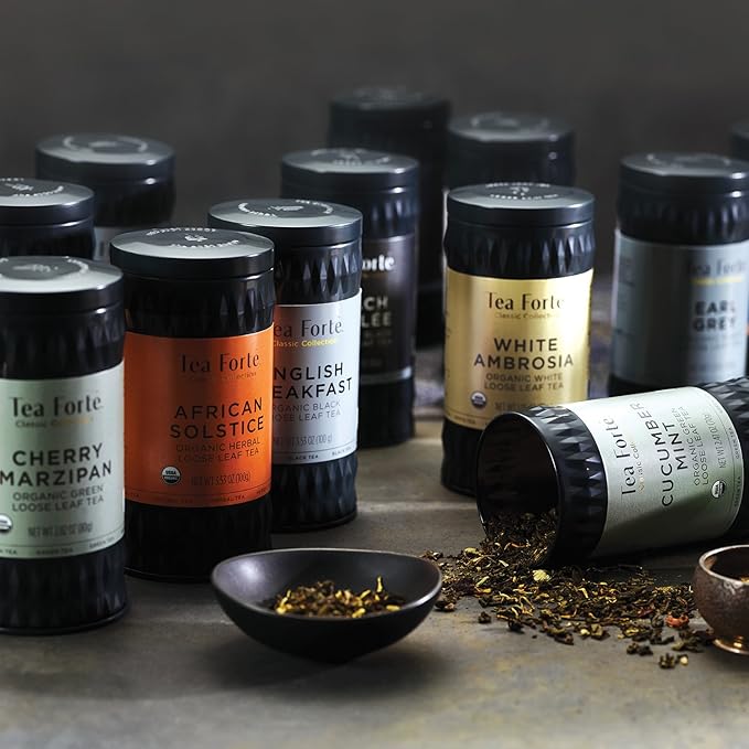 Tea Forte Cherry Marzipan Premium Organic Loose Leaf Caffeinated Green Tea Blend Canister, Makes 35-50 Cups