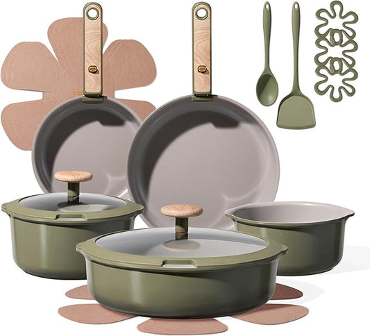CAROTE 18 Pcs Ceramic Cookware Set Detachable Handle, Non Toxic Pots and Pans Set Non Stick, Induction Kitchen Cookware Removable Handles, Oven Safe, Stackable RV/Camping Cooking Set, Green