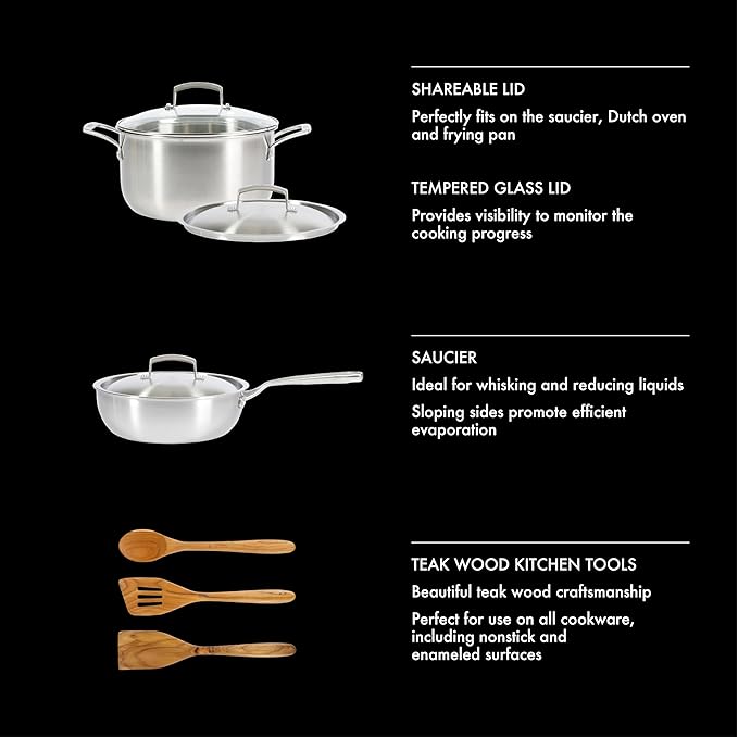 Babish 10-Piece Professional Tri-Ply Non-Toxic Pots and Pans Cookware Set ??Durable, Even Heat Distribution for Cooking and Baking
