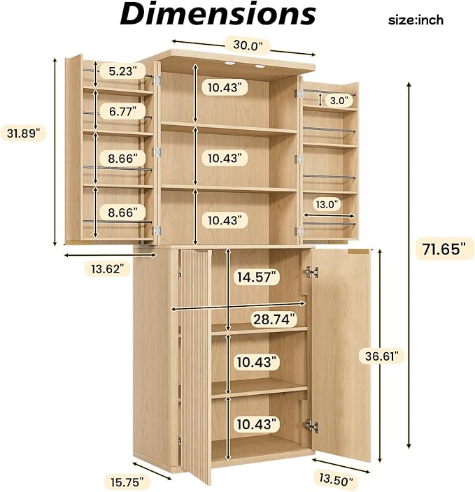 KEIKI 72" Tall Kitchen Pantry Wood Storage Cabinet with 6 Door Shelves Organizer Modern Fluted Cupboard for Kitchen Dining