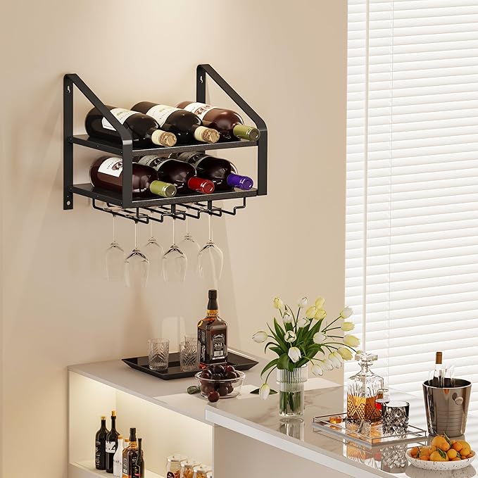 Wall Mounted Wine Rack for 6 Wine Bottles and 6 Glass Holder, 2-Tier Wall Wine Rack, Wood Wine Racks for Wall, Wood-Metal Wine Bottle Holder for Home Bar, Wine Kitchen Storage (Black)