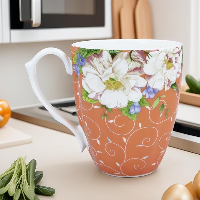 14oz Bone China Coffee Mugs for Women Floral Coffee Mug Tea Cups Novetly Coffee Cups Gift for Women Mom Friends