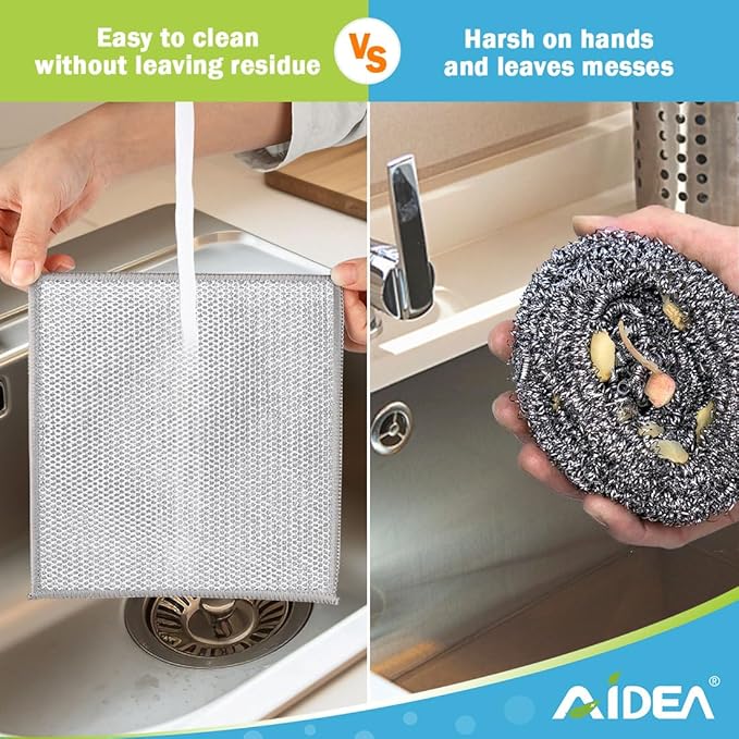 AIDEA Non Scratch Wire Dishcloth 12PK, Wire Dishwashing Rag for Wet and Dry, Washable Dish Rags No Odor, Cleaning Pads Steel Scrubber for Cookware, Sinks, Dishes, Stove Tops, 7"횞8"