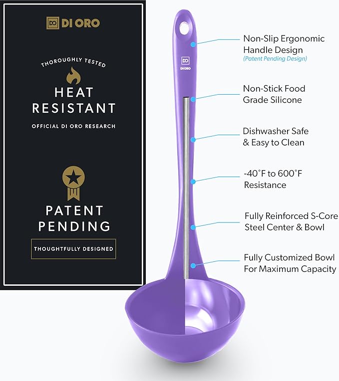 DI ORO Silicone Ladle ??Soup Ladle for Cooking & Serving Heat-Resistant - Large Kitchen Ladle Nonstick Cookware Safe - Soup Serving Spoon with Wide Bowl - Silicone Utensil Dishwasher Safe (Lavender)