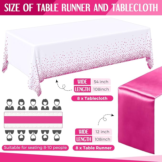 Tudomro 16 Pieces White and Hot Pink Disposable Plastic Tablecloths and Satin Table Runner Set 54x108 Inch Tablecloth 12x108 Inch Table Runners for New Year Wedding Birthday Baby Shower Graduation