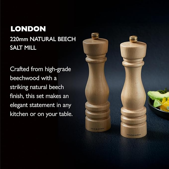 Cole & Mason London Refillable Spice Mill - Kitchen & Home Accessory - Table Salt Grinder - Salt Mill with Ceramic Mechanism - 8", Natural Beech