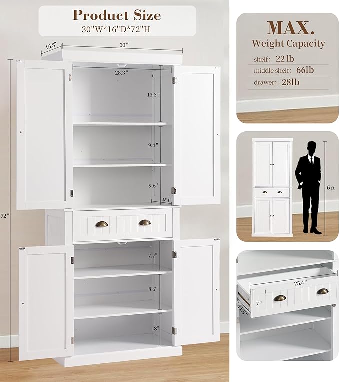 KIGOTY 72" Tall Kitchen Pantry Cabinet with Drawer and 4 Adjustable Shelves, Freestanding Pantry Storage Cabinets, Wood Cupboard Pantry Cabinet for Kitchen, Dining Room, Living Room, Off White