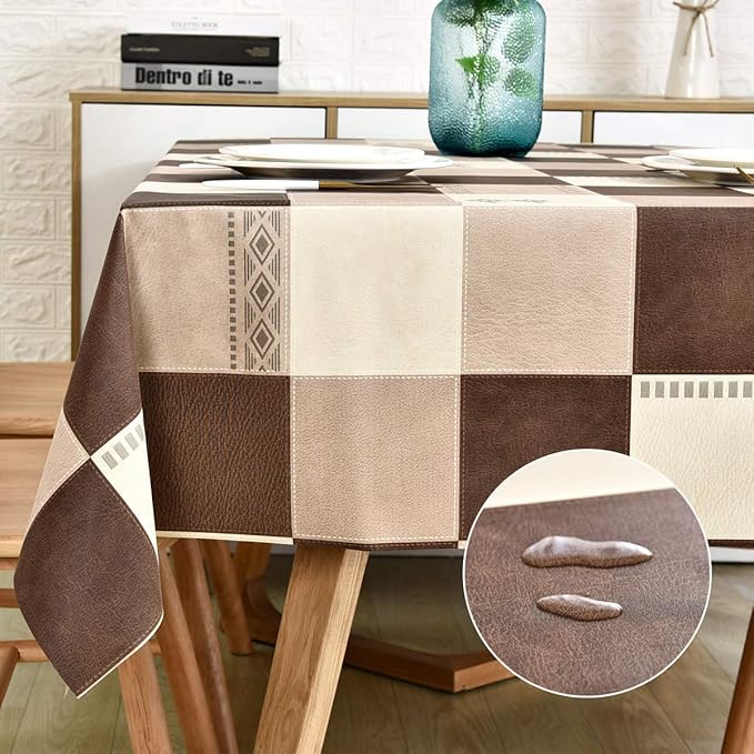 LOHASCASA Rectangle Thanksgiving Tablecloth Vinyl Oilcloth Spillproof Plastic - Wipeable Tablecloth Large Banquet - Tan and Brown Checkered Tablecloths 54 x 108 Inch