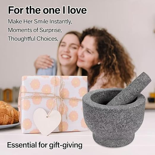 Heavy Duty Mortar and Pestle Set,2 Cup, 100% Granite Stone Molcajete Guacamole Bowl, Grind Seeds, Spices, Crush Garlic, Kitchen Muddler for Fresh Herbs, Great Gift