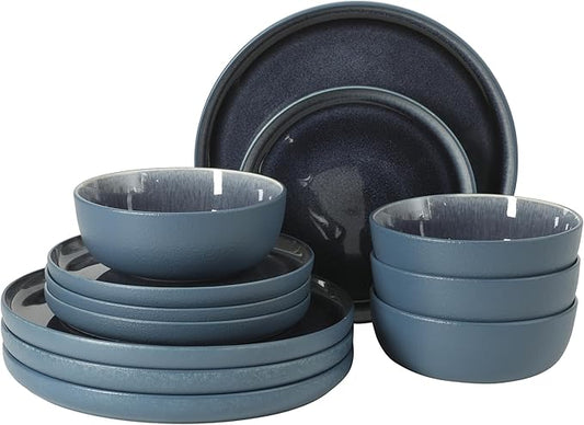 Gibson Elite Tahoe Sunset 12-Piece Reactive Stoneware Dinnerware Set ??Matte Exterior & Shiny Interior Plates and Bowls, Durable Everyday Dish Set, Microwave & Dishwasher Safe - Blue