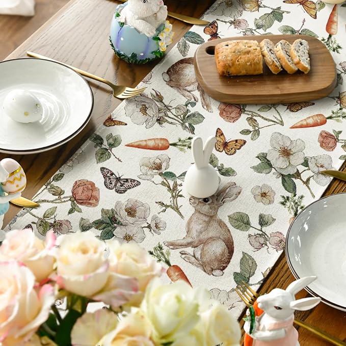 Artoid Mode Bunny Carrots Flower 210 GSM Easter Table Runner, Seasonal Spring Kitchen Dining Table Decoration for Home Party Decor 13x72 Inch