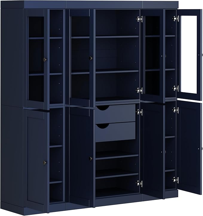 Palace Imports 100% Solid Wood Kitchen China Pantry Cabinet, 65" W - 4 Clear Glass & 4 Shaker Doors, Renewable Eco-Friendly Wood, Made in Brazil (Navy Blue, 8 China/Shaker Doors | 2 Drawers)