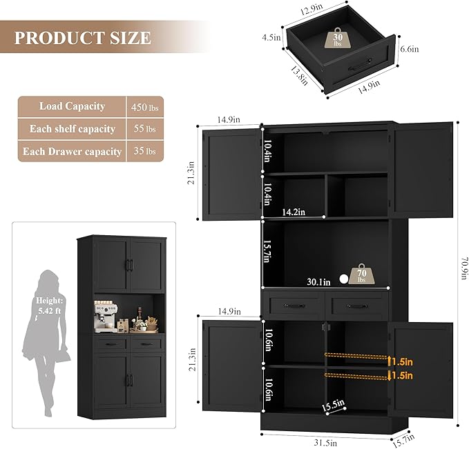 HOSTACK 71??Tall Kitchen Pantry Storage Cabinet, Modern Kitchen Hutch Bar Cabinet with Microwave Stand, Wood Buffet Sideboard with Hutch, Cupboard with Drawers, Shelves for Dining Room, Black