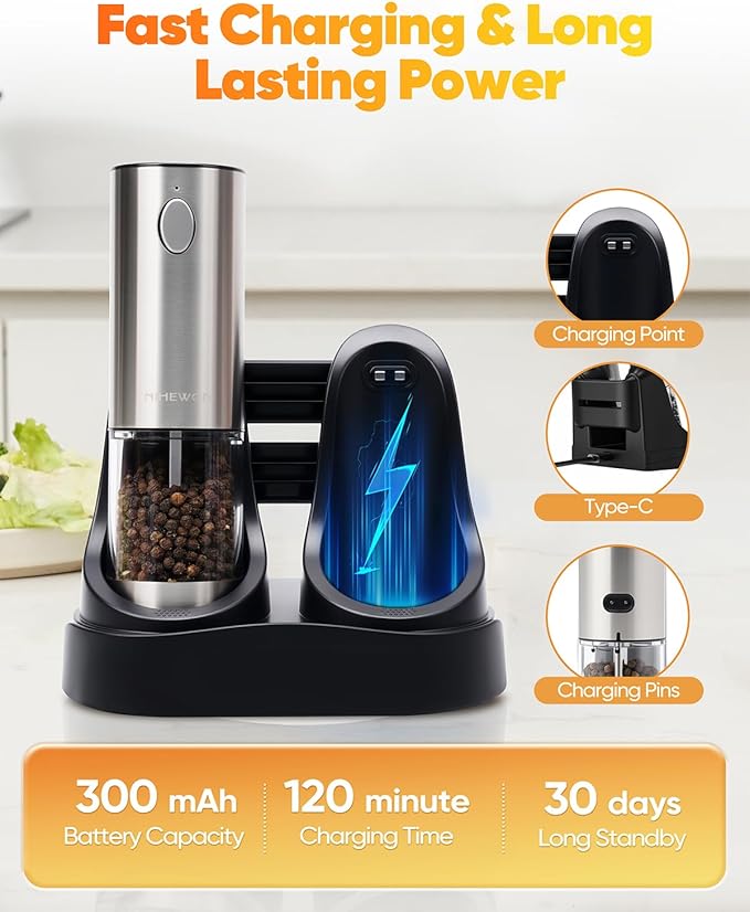 Electric Salt and Pepper Grinder Set with LED Light, Rechargeable Salt and Pepper Shakers with 5 Adjustable Coarseness, Upgraded Large Capacity, Stainless Steel, Storage & Charging Base