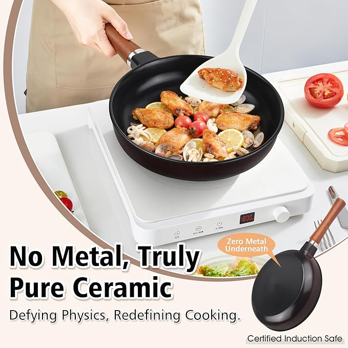 10-inch Pure Ceramic Frying Pan Skillet - Non-Toxic, PFOA/PFAS/PTFE Free, No Chemical Coating - Healthy Cooking - Solid Wood Handle (Black)