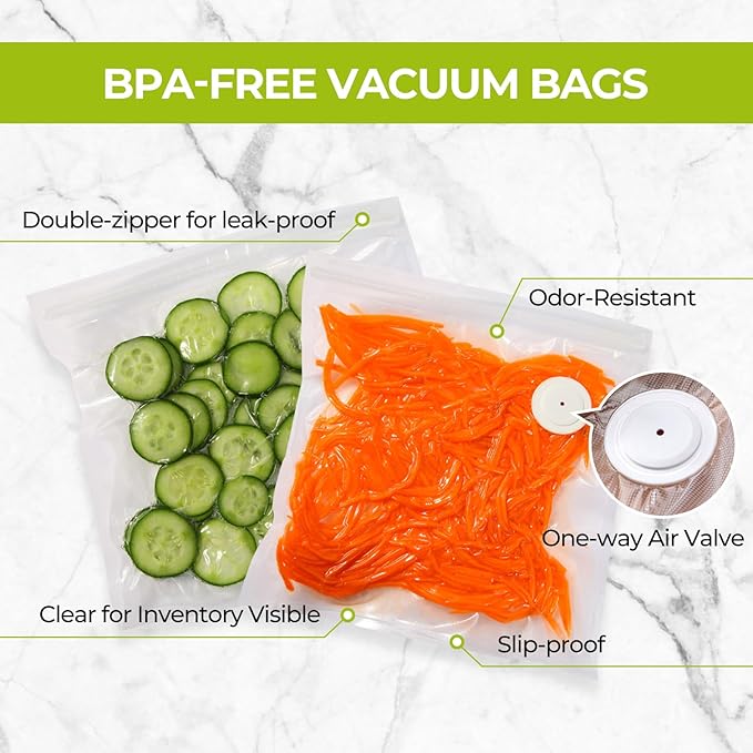 Reusable Vacuum Sealer Bags for Food with Air Valve, 50 Pack BPA?멑ree Food Saver Bags Dishwasher?멣afe, Freezer,Microwave, Odor-Resistant, Leak?몆roof for Leftovers, Meal Prep, Sous Vide, BBQ