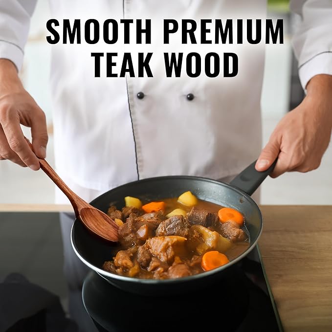 Zulay Kitchen 9.4" Teak Wooden Cooking Spoon ??Durable, Non-Stick Wooden Utensil for Cooking, Stirring, Mixing & Serving ??Heat-Resistant, Smooth Finish Kitchen Spoon for Nonstick Cookware
