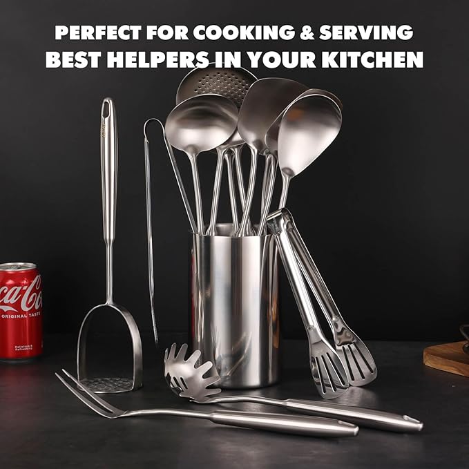 18/10 Stainless Steel Kitchen Utensils Set - 12 PCS All Metal Cooking Tools & 15??Serving Utensils - Potato Masher, Meat Fork, Tongs, Turner, Pasta, Serving Spoon, Skimmer, Ladle, Spatula Spoon Set