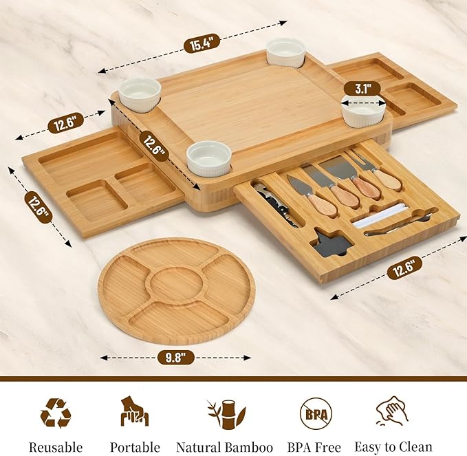 Charcuterie Board with Lid ??Large Bamboo Cheese Board Set with Utensils & Drawers ??Housewarming, Wedding Gifts for Couples, Serving Tray with Cover (Black)