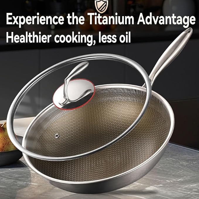 Titanium Wok, Multifunctional Ultra-Durable Scratch-Resistant Non Stick Even Heating Titanium Wok for Cooking, Titaniums Nutri Pans Compatible with All Cooktops,No lid,14.17in