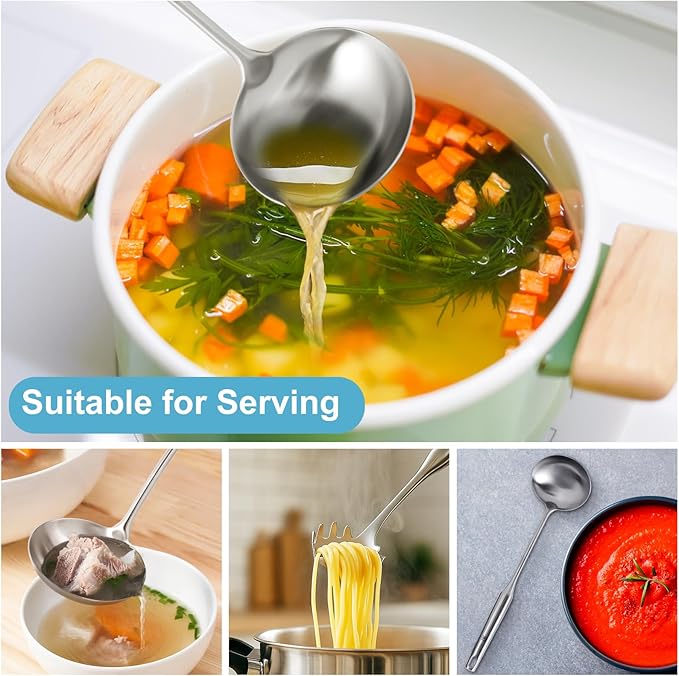 Stainless Steel Soup Ladle and Spaghetti Spoon Set - Large Ladle Spoon, Pasta Strainer, Durable Kitchen Cooking Utensils for Stirring, Serving Pasta, Soup & Sauce竊똂hristmas Gifts