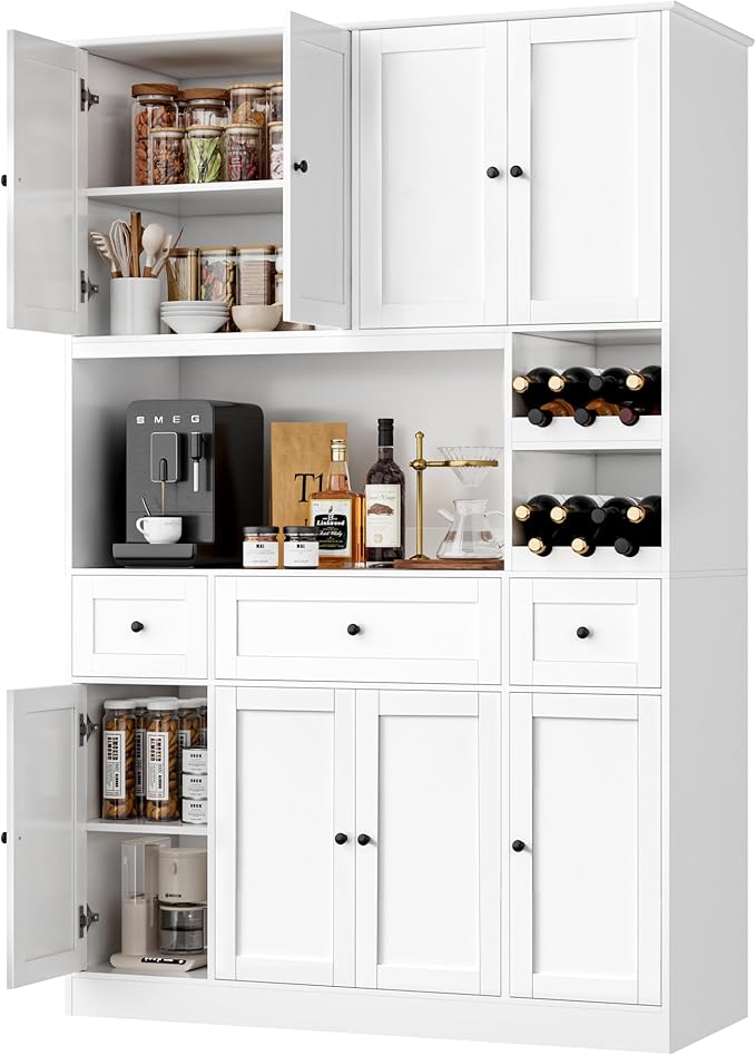 72" Tall Pantry Cabinet with Wine Rack, Kitchen Pantry Cabinet with Microwave Stand, Large Kitchen Hutch with Drawers, Food Pantry for Dining Room, White