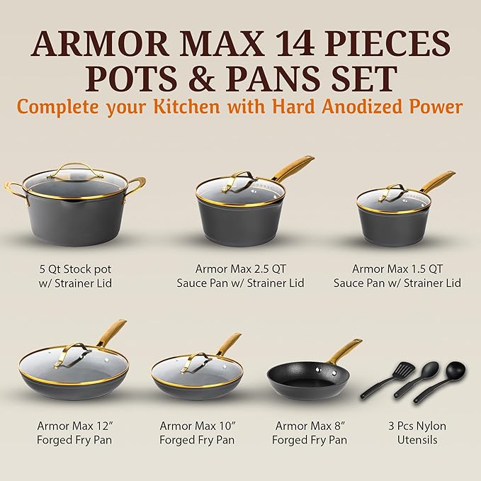 GRANITESTONE 14pcs Induction Pots and Pans Set Non Stick Cookware Set with 3 Utensils, Premium Chef Quality Forged Hard Anodized Exterior with Armor Max Coating Lasts 8x Longer, Oven & Dishwasher Safe