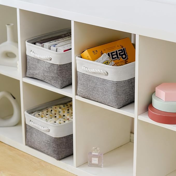 TheWarmHome Storage Bins for Shelves - 13.8L횞9.8W횞6.7H inch 3 Pack Medium Collapsible Storage Baskets for Organizing | Fabric Storage Cubes for Linen Closet Toy Home (White&Grey)