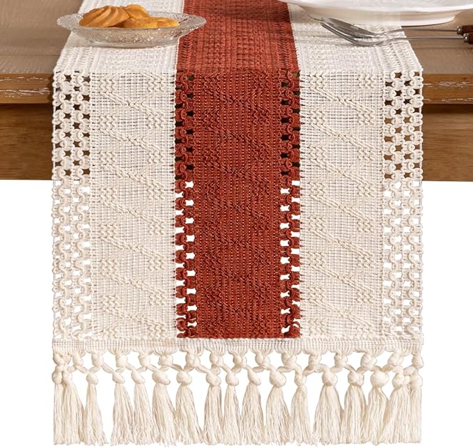 Socomi Boho Table Runner Macrame Long Valentine's Day Farmhouse Woven Cotton Linen Rustic Coffee Table Runner with Tassels for Dresser Scarf Home Decor Dining Room 12x108 inch Terracotta Ivory
