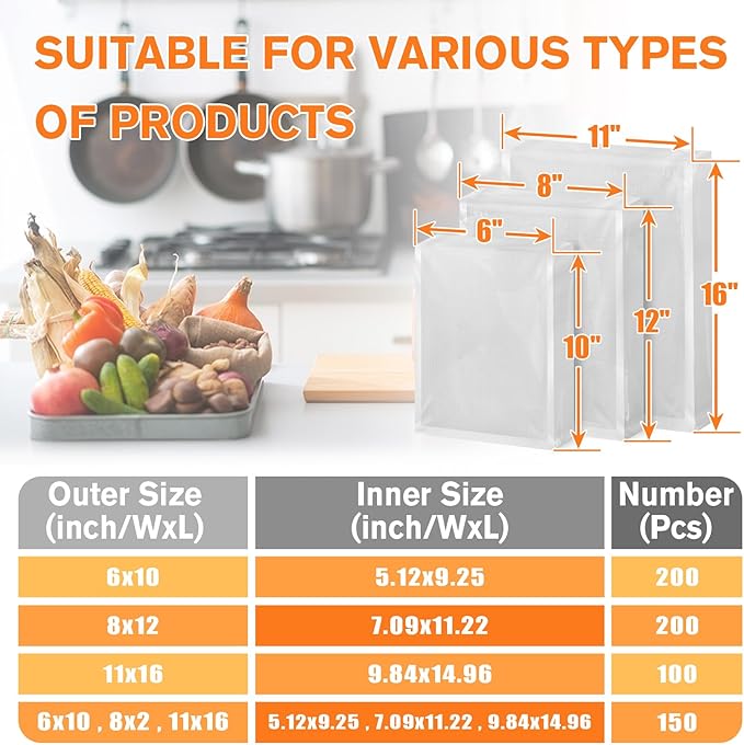 FUNFERY Precut Vacuum Sealer Bags for Food, 150 Pint 6" x 10" and Quart 8" x 12" and Gallon 11" x 16", Food Long-Term Storage and Sous Vide Commercial-Grade Bag, BPA Free