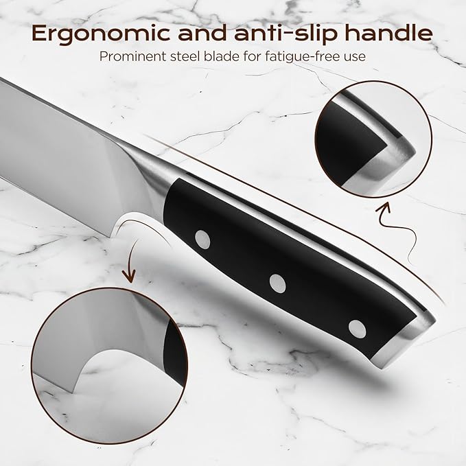 14 PCS Knife Set with Oak Wood Block,High Carbon Stainless Steel Kitchen Knife Set with Chef Knife, Santoku, Bread, Paring,Steak Knives, Kitchen Shears Sharp Knife Block Set with Sharpener