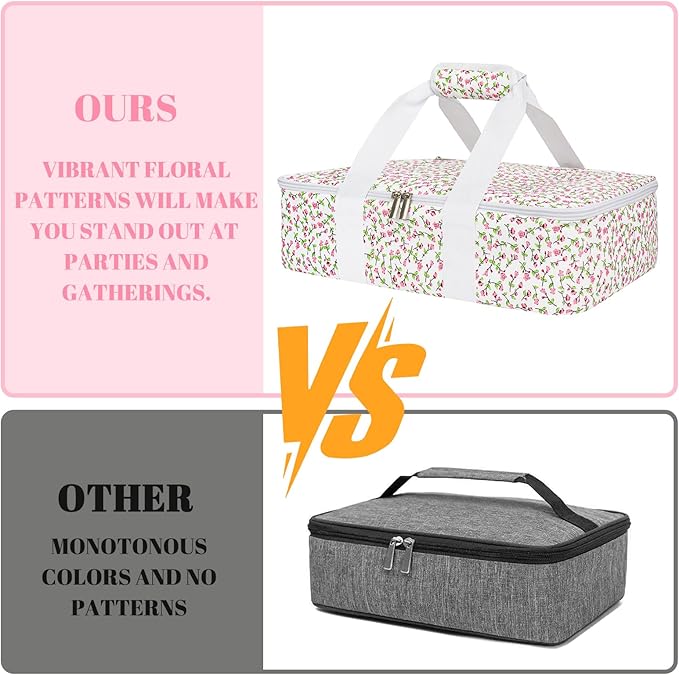 Insulated Casserole Carrier for Hot or Cold Food, Lasagna Lugger Tote Warmer or Cooler Bag, Casserole Dish Carrier for Potluck Parties, Picnic and Cookout, Fits 9"x13" Baking Dish(Pink Floral)