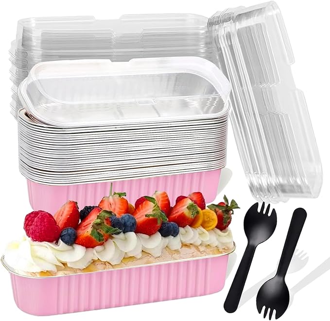 20PCS Rectangle Mini Loaf Pans With Lids,Mini Cake Pans with Lids,Disposable Ramekins Baking Cups Muffin Tins Cupcake Cups for Wedding Birthday Party,6.8oz（Pink）