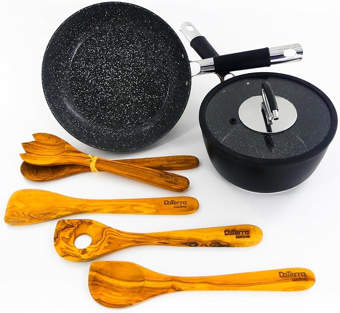 DaTerra Cucina Nonstick Small Chef Bundle ??2.6 Qt Ceramic Saucepan with Lid, 9.5" Frying Pan, 5-Piece Olive Wood Cooking Utensils ??Oven Safe, Induction Compatible, PTFE & PFOA Free ??Made in Italy