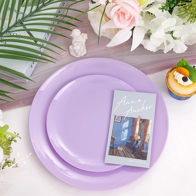 KIRE 60PCS Purple Plastic Plates Disposable - Heavy Duty Purple Plates Include 30Pcs 10.25??Dinner and 30Pcs 7.5??for Dessert/Salad - for Wedding/Bridal Shower