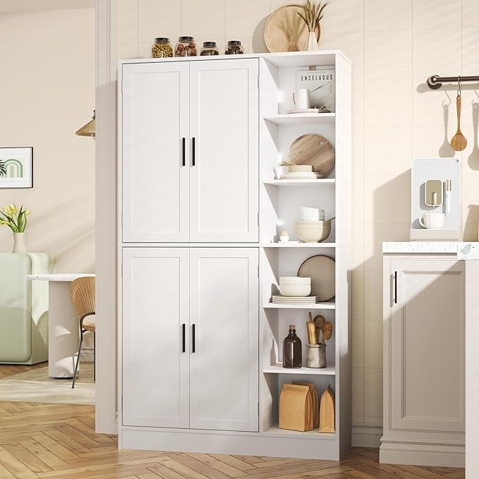 63" Tall White Kitchen Pantry, Freestanding Storage Cabinet with 4 Doors, Adjustable Shelves for Dining Room, Laundry Room