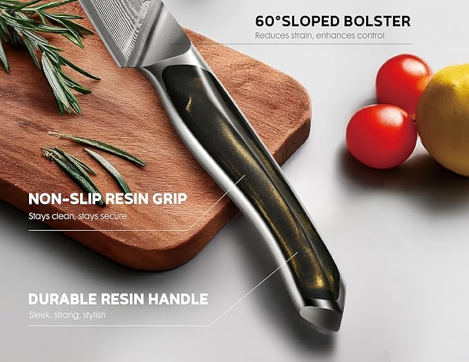 Damascus Knife Set 3 PCS: Ultra-Sharp Professional Chef Knife Set, Japanese Kitchen Knives with VG10 Steel Core, Full Tang Resin Handle, Christmas Elegant Box