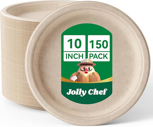 JOLLY CHEF Compostable Heavy Duty Plates ?윮?윭 ?뿙?뿻?뿰?뿵 [?윮?윶?윭 ?뿣?뿮?뿰?뿸] Eco-Friendly Disposable Natural Paper Plates Bagasse Biodegradable Bulk for Party Dinner Thanksgiving Day (Brown)
