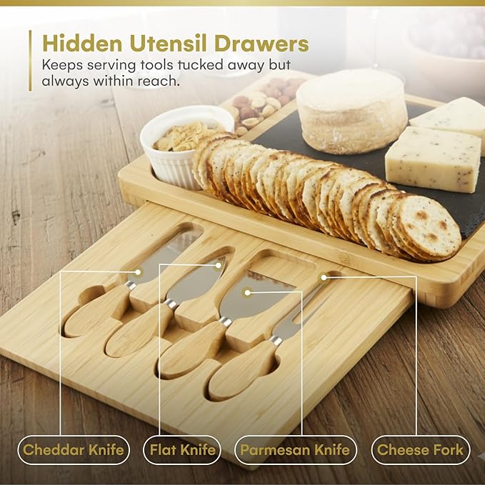 Charcuterie Board Gift Set, Expandable Bamboo Cheese Board with Stainless Steel Serving Utensils, Ceramic Bowls, Appetizer and Serving Trays, Utensil Trays - Housewarming 2 Drawers