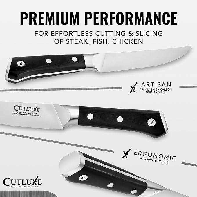 Cutluxe Steak Knives Set of 4, Straight Edge Steak Knife Set ??Forged High Carbon German Steel, Full Tang, Ergonomic Handle Design ??Artisan Series