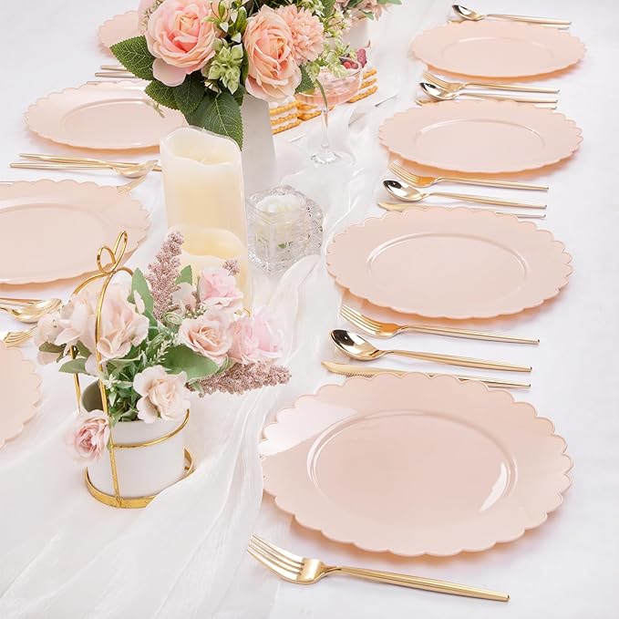 SUT 72-Count Pink Plastic Plates Disposable 10.25 Inch - Scalloped Edge Dinner Plates for Valentine?셲 Day, Parties, Birthdays, Weddings | Lightweight & Durable Disposable Dinnerware (72 Pack)
