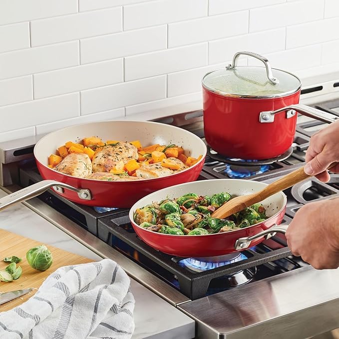 KitchenAid Hard Anodized Ceramic 9-Piece Nonstick Cookware Set ??Includes Fry Pans, Saucepan, Stockpot, Durable, Even Heating, Oven Safe to 500째F, Empire Red