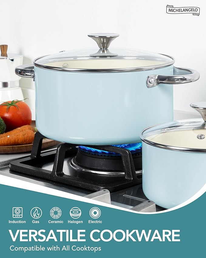 MICHELANGELO Pots and Pans Set Non Stick - Ceramic Cookware Set Non Toxic, 8-Pcs Nonstick Pots and Pans with Ergonomic Handle, Dishwasher Safe & Induction Compatible, Blue