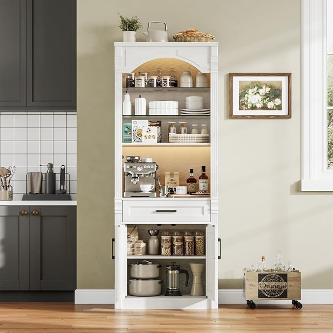 Rresyet 70.9" Tall Kitchen Pantry Storage Cabinet, Modern Kitchen Hutch Bar Cabinet with Lights, Freestanding Food Pantry with Adjustable Shelves and Drawer (White)