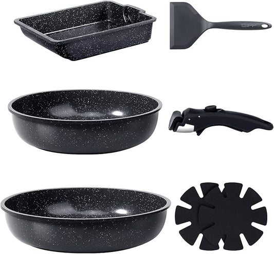 GiPP Ceramic Pots and Pans Set Non Stick, Nonstick Detachable Handle Cookware Sets, Non Toxic Induction Kitchen Pot and Pan with Removable Handle, Healthy RV Cookware, Dishwasher 竊냀ven Safe, 7 Piece