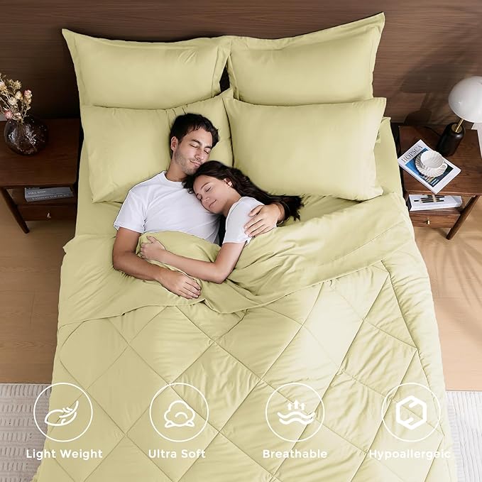 HEVUMYI Cream Yellow King Comforter Set - 7-Piece All Season Bed in a Bag King, Ultra Soft Bedding Set with Comforter, Flat Sheet, Fitted Sheet, Pillowcases, Pillow Shams
